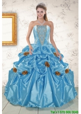 Aqua Blue Cheap Quinceanera Dresses with Beading and Flowers