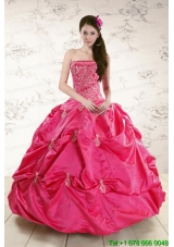 Strapless Hot Pink Cheap Quinceanera Dress with Appliques for 2015