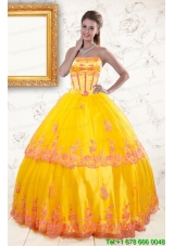 2015 Custom Made Strapless Gold Quinceanera Dresses with Appliques