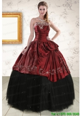 Custom Made Ball Gown Embroidery 2015 Quinceanera Dresses in Rust Red and Black