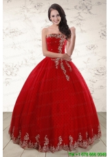 Custom Made Red Strapless 2015 Quinceanera Dresses with Appliques