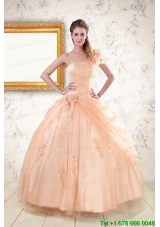 2015 In Stock One Shoulder Appliques Quinceanera Dress in Peach