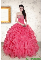 2015 Hot Pink Strapless New Style Quinceanera Dresses with Beading and Ruffles