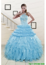 2015 Most Popular Baby Blue Sweet 15 Dresses with Beading