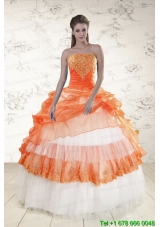 2015 Most Popular Strapless Appliques and Beaded Quinceanera Dresses in Orange