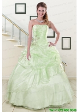 2015 Most Popular Strapless Yellow Green Quinceanera Gowns with Beading