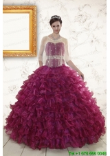 2015 Burgundy Pretty Quinceanera Gown with Beading and Ruffles