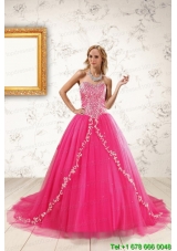 2015 Pretty Hot Pink Quinceanera Dresses with Beading and Appliques