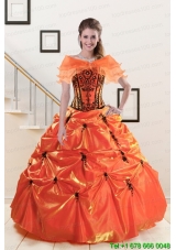 2015 Puffy Appliques Quinceanera Dresses in Orange Red and Black