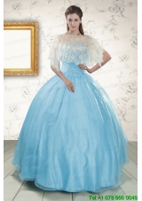 2015 Puffy Baby Blue Strapless Quinceanera Dress with Beading