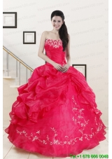2015 Puffy Sweetheart Embroidery Quinceanera Dress in Hot Pink