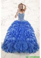 Pretty Beaded Royal Blue Sweet 15 Dresses with Sweep Train