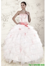 Pretty White Quinceanera Dresses with Pink Appliques and Ruffles