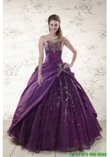 2015 Puffy Purple Sweetheart Appliques Quinceanera Dresses