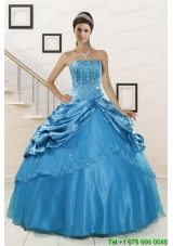 2015 Puffy Strapless Appliques Quinceanera Dresses in Teal