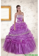 2015 Puffy Strapless Lilac Quinceanera Dresses with Appliques
