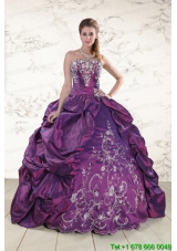 2015 Strapless Embroidery Puffy Quinceanera Dresses in Purple