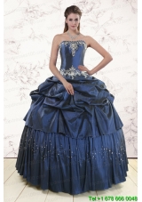 Embroidery and Pick Ups Puffy Quinceanera Dress in Navy Blue