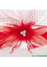 Romantic Red Feather Net Yarn Briadl Hat with Imitation Pearls