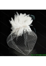 White Feather Elegant Net Yarn Briadl Hat with Imitation Pearls