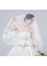 2014 Two Tier Tulle Lace Appliques Edge Bridal Veils