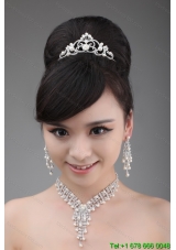 Elegant Rhinestone And Pearl Jewelry Set Including Necklace Earrings And Crown