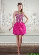 2015 Sweetheart Hot Pink Prom Dresses with Beading and Ruffled Layers