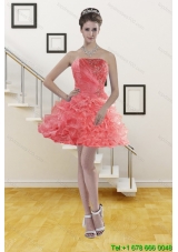 Short Watermelon Red Strapless 2015 Prom Gown with Beading and Ruffles