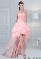 2015 Cute Baby Pink Sweetheart High Low Prom Dresses with Ruffled Layers and Beading