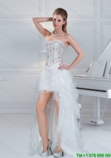 2015 Designer Ball Gown Sweetheart White Prom Dresses with Ruffles and Beading