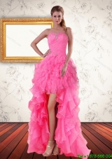 2015 Perfect Baby Pink Strapless High Low Prom Dreses with Beading and Ruffled Layers