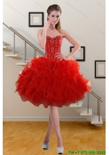 2015 Pretty Sweetheart Ruffled Red Prom Gown with Beading and Ruffles