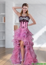2015 Zebra Printed Strapless High low Rose Pink Designer Prom Dresses with Embroidery