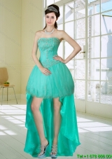 Apple Green Strapess High Low Designer Prom Dresses with Embroidery and Beading