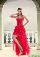 Coral Red Ball Gown Strapless Designer Prom Dresses with Ruffles and Beading