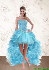 Designer Baby Blue Sweetheart High Low Prom Dresses with Ruffles and Beading