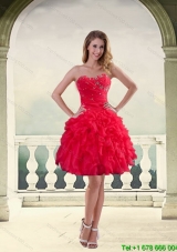 Designer Ball Gown Strapless Red 2015 Prom Dresses with Ruffles and Beading