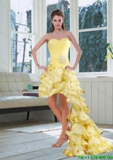 Light Yellow Sweetheart High Low Designer Prom Dresses with Beading and Ruffled Layers