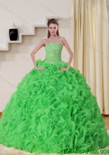 Cheap Strapless Spring Green Quinceanera Dress with Beading and Ruffles