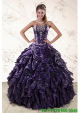 Purple Sweetheart Floor Length Quince Gowns Embroidery and Ruffles