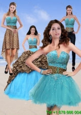 2015 Unique Leopard Print Baby Blue Quinceanera Dresses with Brush Train and Beading