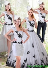 The Most Popular White and Black Sweetheart 2015 Quinceanera Dress with Black Embroidery