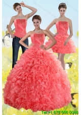 2015 Inexpensive Watermelon Detachable Quinceanera Skirts with Beading and Ruffles