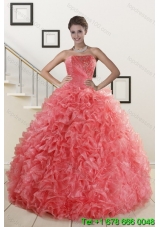 2015 Popular Watermelon Red Quince Dresses with Beading and Ruffles