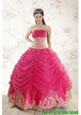 Fashionable 2015 Strapless Hot Pink Quinceanera Dresses with Beading and Lace