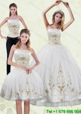 Modest 2015 Strapless Embroidery White and Gold Detachable Quinceanera Skirts