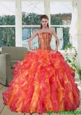 Multi Color Strapless Quince Dress with Beading and Ruffles