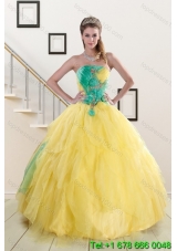 Popular 2015 Strapless Yellow and Green Sweet 15 Dresses with Ruching
