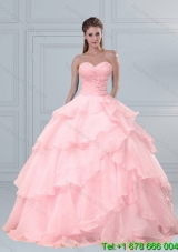 Popular Pink Sweetheart Beaded Quinceanera Dresses with Ruffled Layers