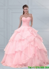 Popular Pink Sweetheart Beaded Quinceanera Dresses with Ruffled Layers